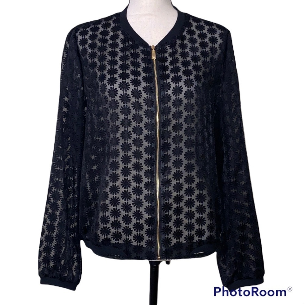 CHAUS large sheer women’s black zip up lightweight jacket black floral design